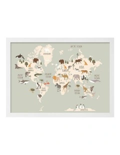 Australian Made Wildlife World Map Kids Art Print White Frame