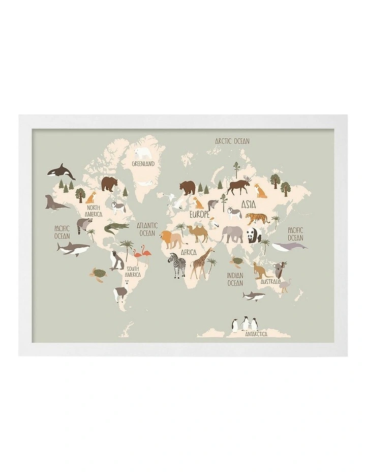 Australian Made Wildlife World Map Kids Art Print White Frame image 1