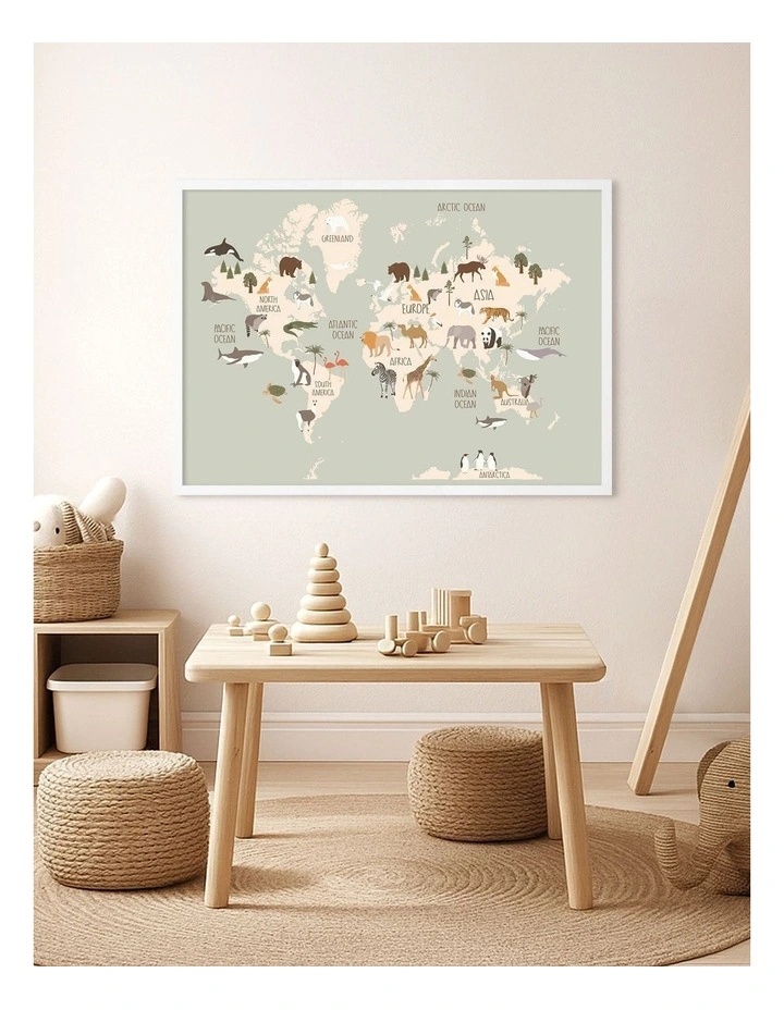Australian Made Wildlife World Map Kids Art Print White Frame image 2