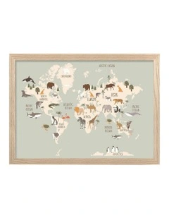 Australian Made Wildlife World Map Kids Art Print Natural Frame