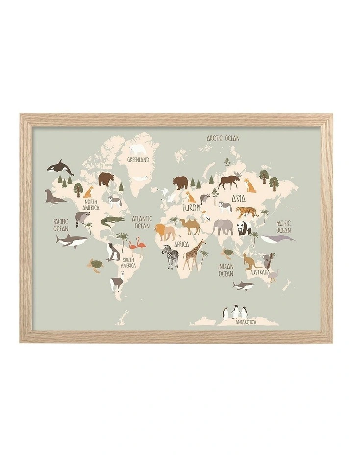 Australian Made Wildlife World Map Kids Art Print Natural Frame image 1