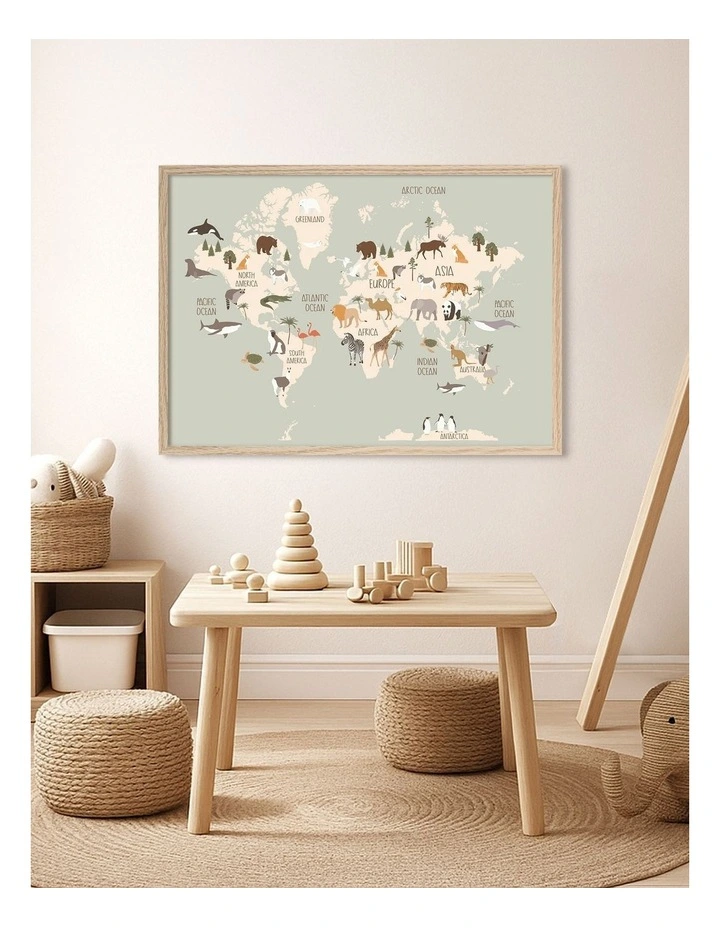 Australian Made Wildlife World Map Kids Art Print Natural Frame image 2