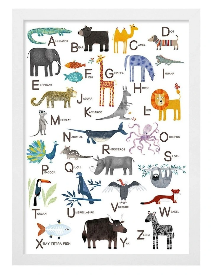 Australian Made Alphabet Animals Kids Art Print White Frame image 1
