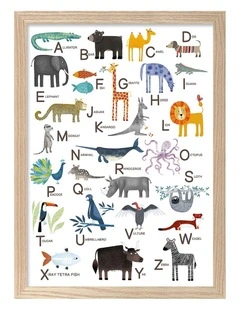 Australian Made Alphabet Animals Kids Art Print Natural Frame