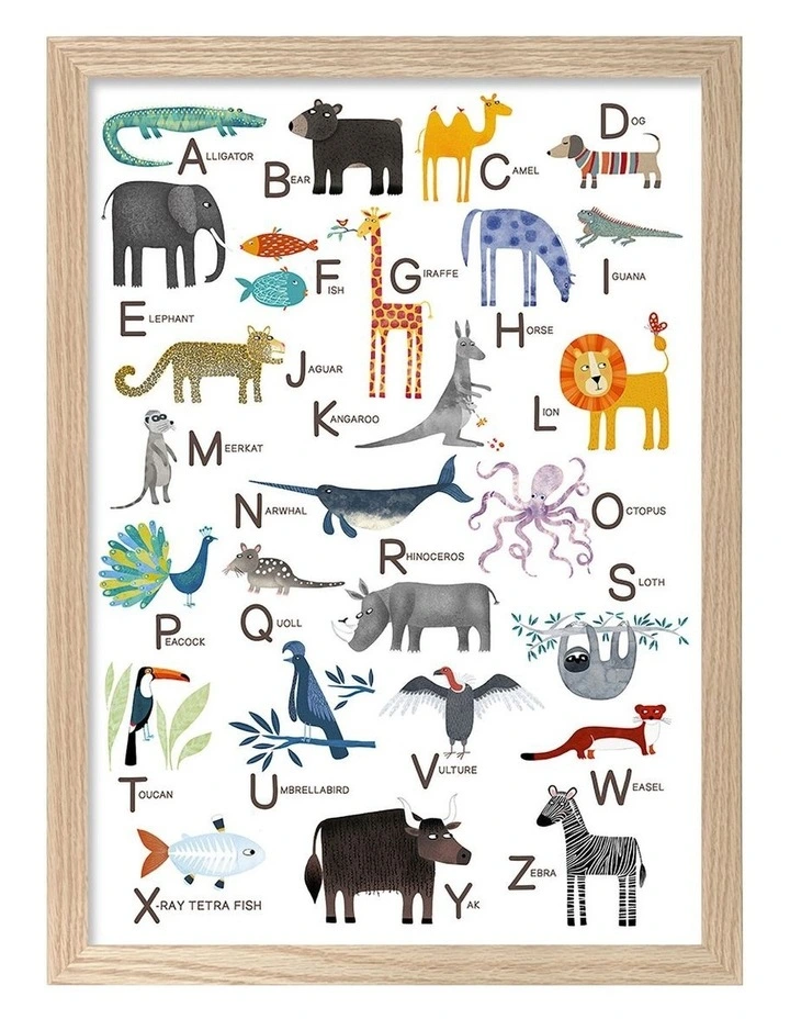 Australian Made Alphabet Animals Kids Art Print Natural Frame image 1
