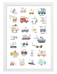 Australian Made Alphabet Transport Kids Art Print White Frame
