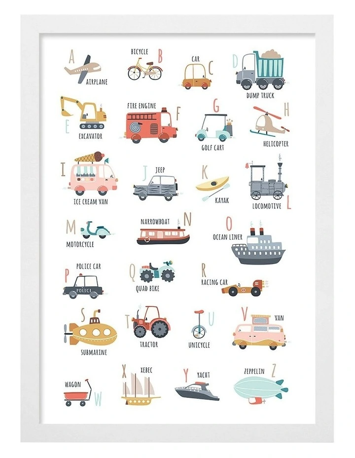 Australian Made Alphabet Transport Kids Art Print White Frame image 1