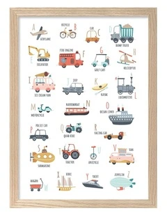 Australian Made Alphabet Transport Kids Art Print Natural Frame