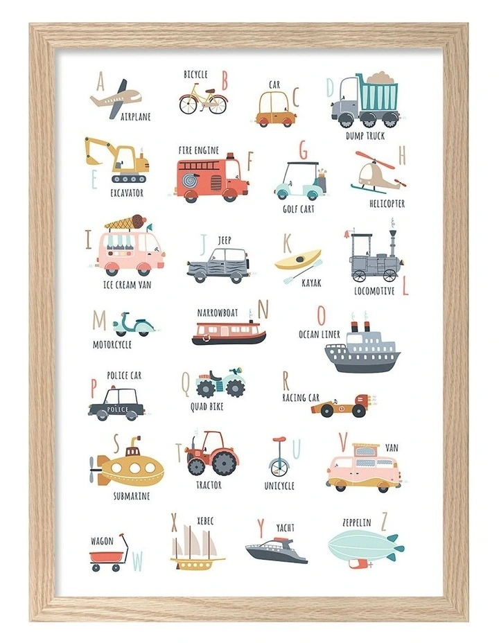 Australian Made Alphabet Transport Kids Art Print Natural Frame image 1