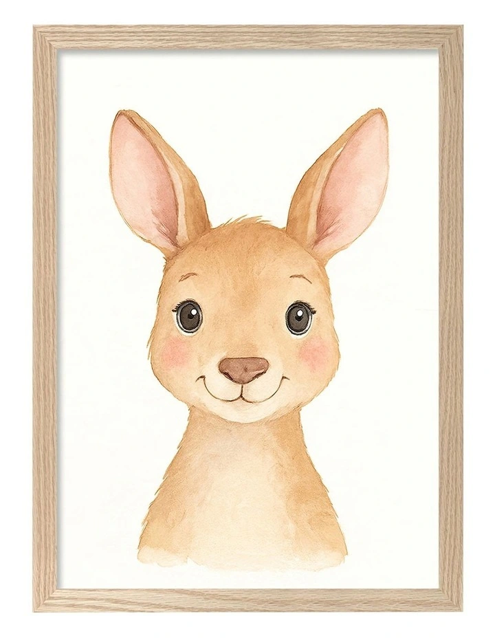 Australian Made Animal Friends Kangaroo Kids Art Print Natural Frame image 1