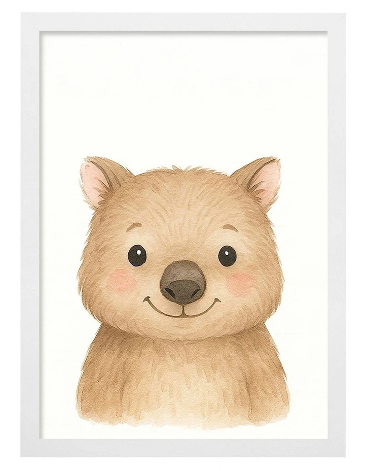 Australian Made Animal Friends Wombat Kids Art Print White Frame image 1