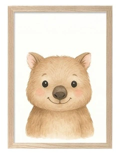 Australian Made Animal Friends Wombat Kids Art Print Natural Frame