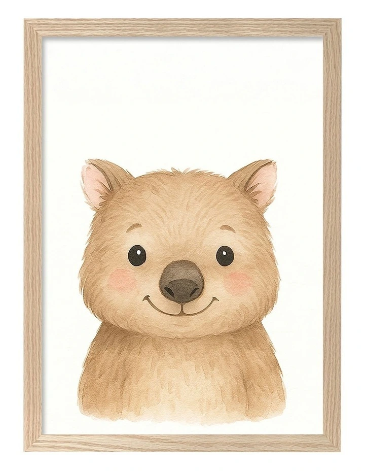 Australian Made Animal Friends Wombat Kids Art Print Natural Frame image 1