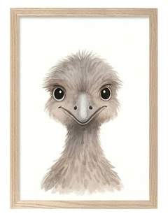 Australian Made Animal Friends Emu Kids Art Print Natural Frame
