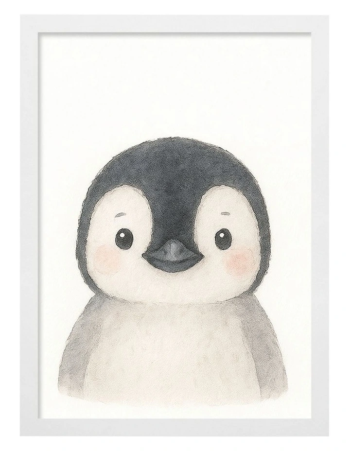Australian Made Animal Friends Penguin Kids Art Print White Frame image 1