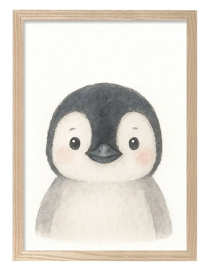 Australian Made Animal Friends Penguin Kids Art Print Natural Frame image 1