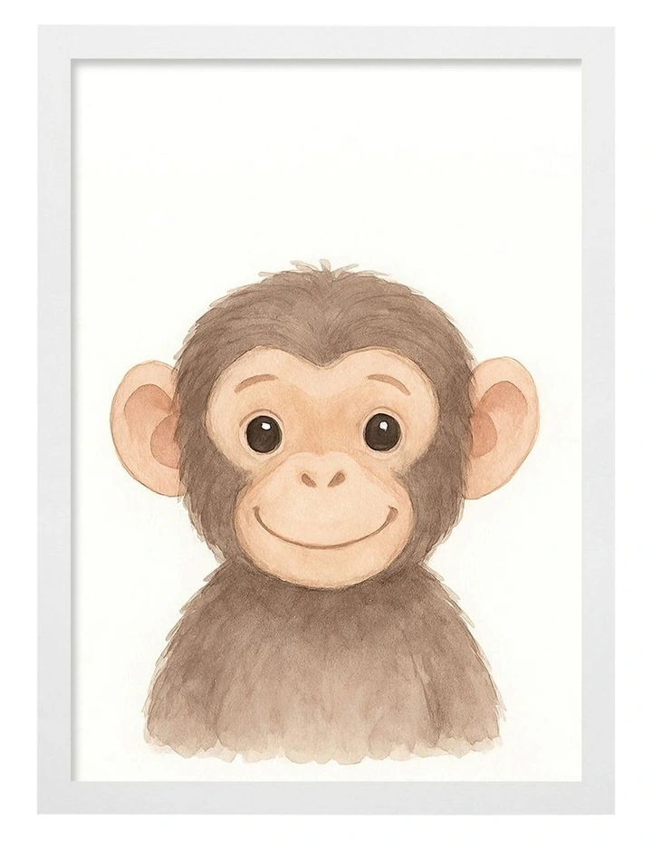 Australian Made Animal Friends Chimpanzee Kids Art Print White Frame image 1