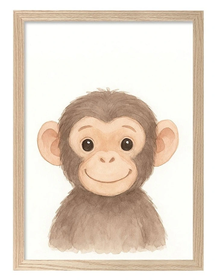 Australian Made Animal Friends Chimpanzee Kids Art Print Natural Frame image 1