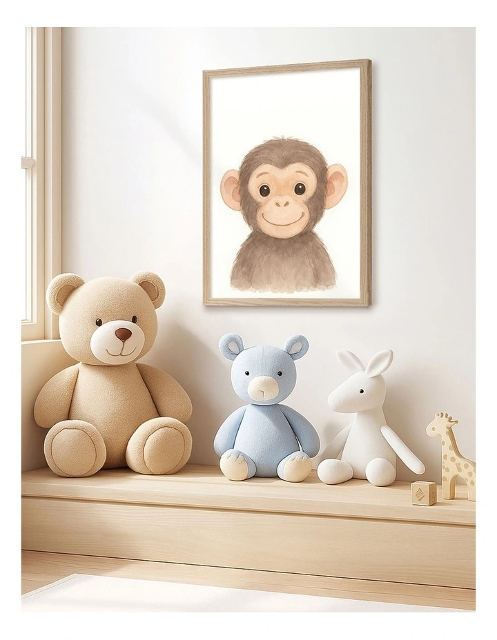 Australian Made Animal Friends Chimpanzee Kids Art Print Natural Frame image 2