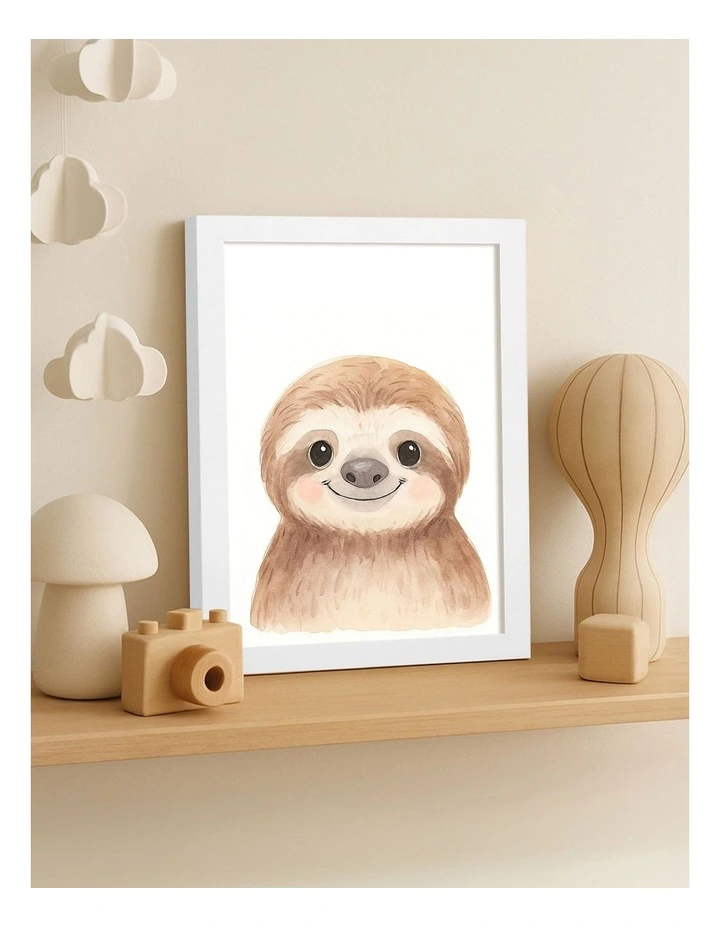 Australian Made Animal Friends Sloth Kids Art Print White Frame image 2