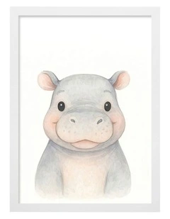 Australian Made Animal Friends Hippo Kids Art Print White Frame