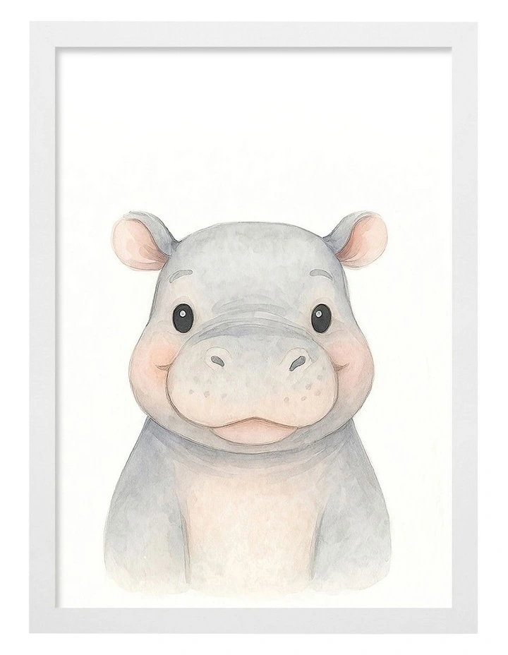 Australian Made Animal Friends Hippo Kids Art Print White Frame image 1