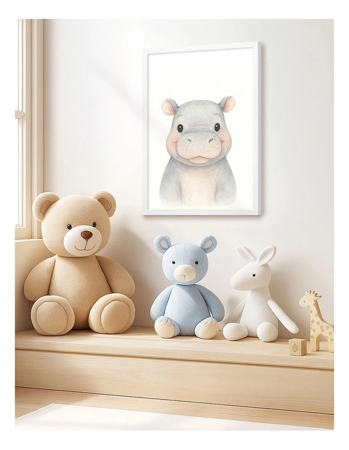 Australian Made Animal Friends Hippo Kids Art Print White Frame image 2