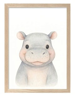 Australian Made Animal Friends Hippo Kids Art Print Natural Frame