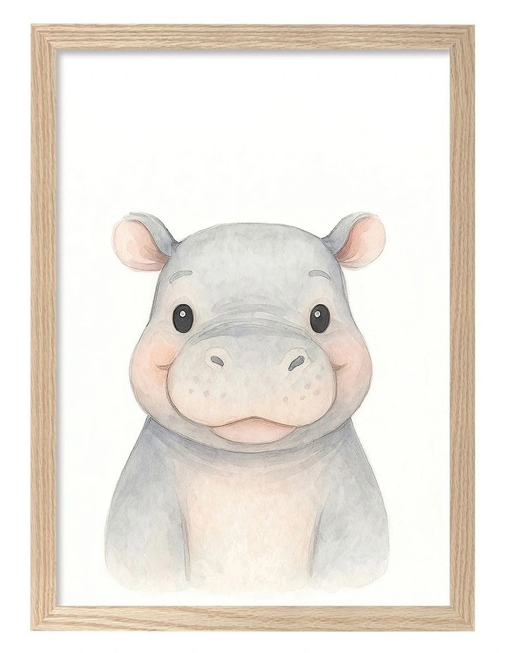 Australian Made Animal Friends Hippo Kids Art Print Natural Frame image 1