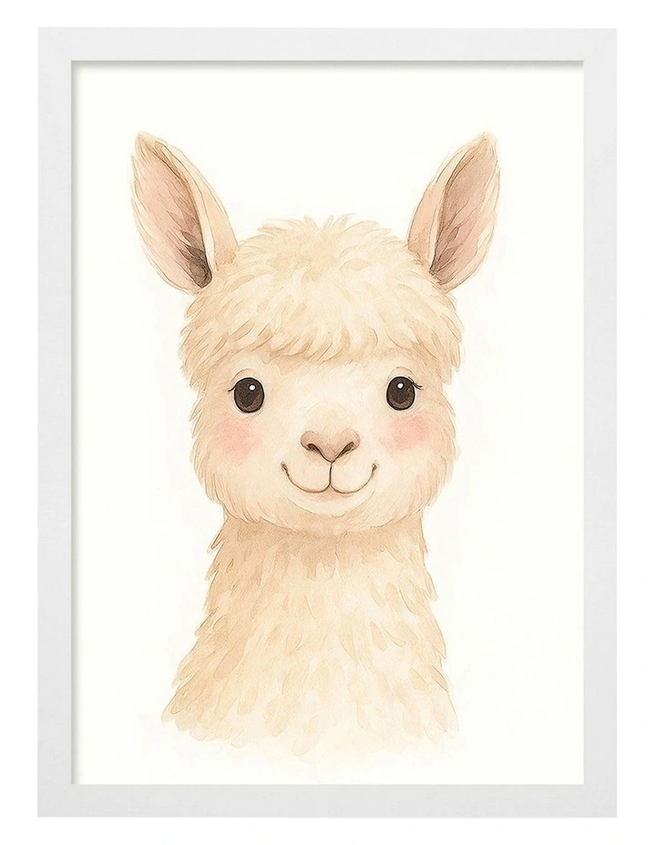 Australian Made Animal Friends Alpaca Kids Art Print White Frame image 1