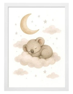 Australian Made Koala Sleeping Cloud Kids Art Print White Frame
