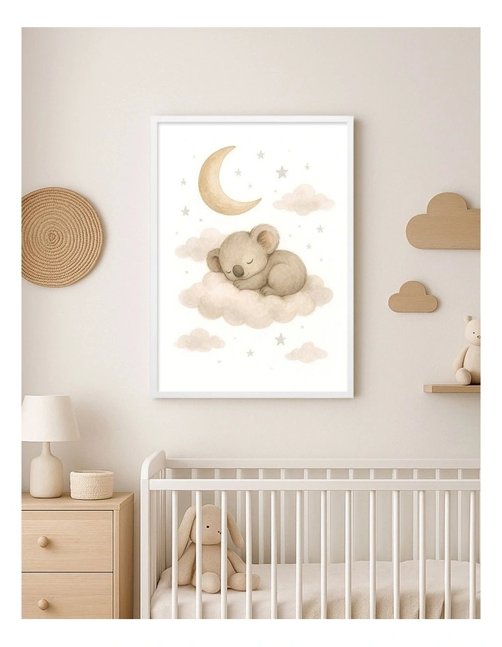 Australian Made Koala Sleeping Cloud Kids Art Print White Frame image 2