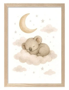 Australian Made Koala Sleeping Cloud Kids Art Print Natural Frame