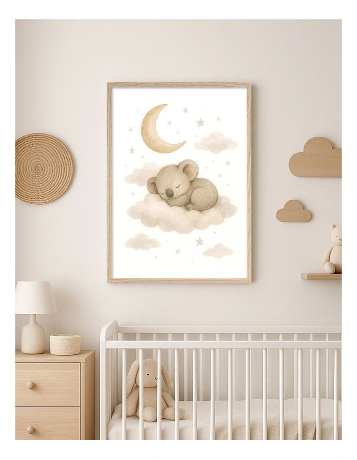 Australian Made Koala Sleeping Cloud Kids Art Print Natural Frame image 2