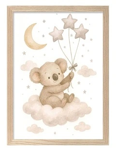 Australian Made Koala Floating Balloons Kids Art Print Natural Frame
