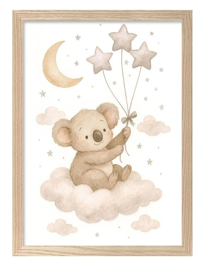 Australian Made Koala Floating Balloons Kids Art Print Natural Frame image 1