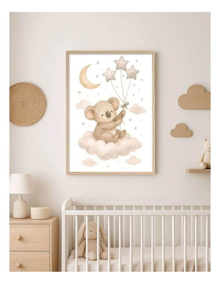 Australian Made Koala Floating Balloons Kids Art Print Natural Frame image 2