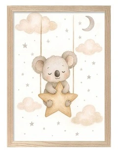 Australian Made Koala Star Pillow Kids Art Print Natural Frame
