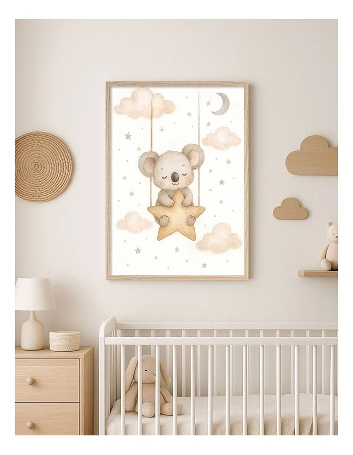 Australian Made Koala Star Pillow Kids Art Print Natural Frame image 2