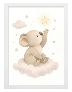 Australian Made Koala Reaching for Stars Kids Art Print White Frame