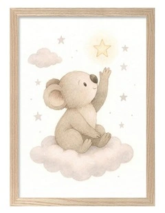 Australian Made Koala Reaching for Stars Kids Art Print Natural Frame