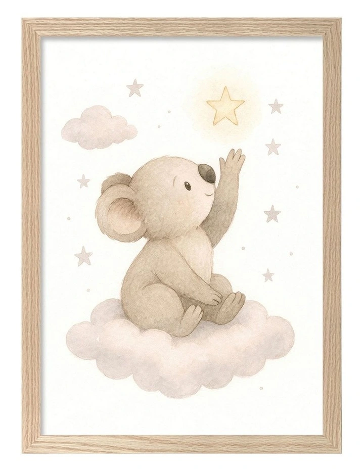 Australian Made Koala Reaching for Stars Kids Art Print Natural Frame image 1