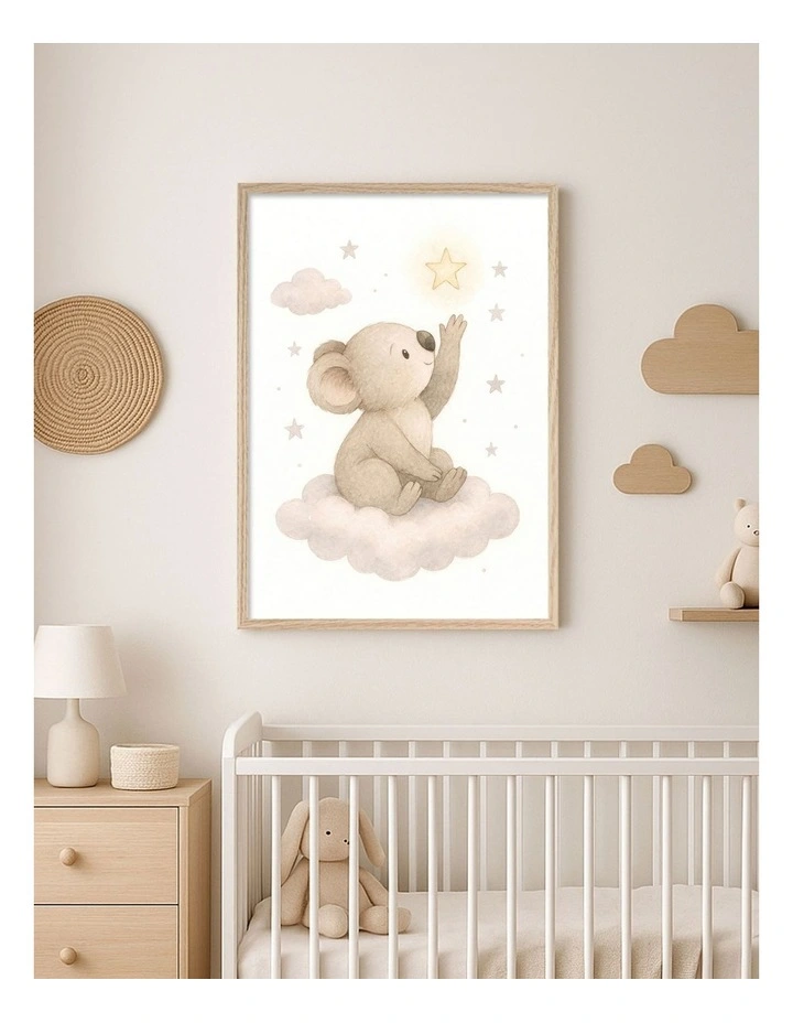 Australian Made Koala Reaching for Stars Kids Art Print Natural Frame image 2