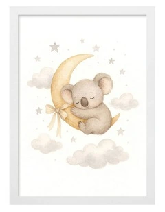 Australian Made Koala Sleeping Moon Kids Art Print White Frame