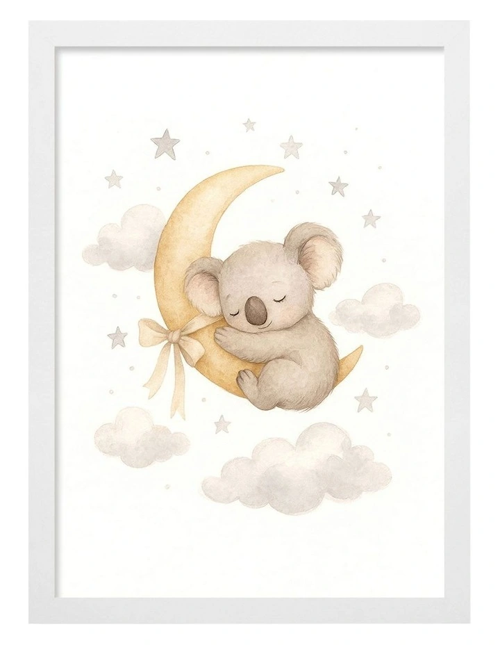 Australian Made Koala Sleeping Moon Kids Art Print White Frame image 1