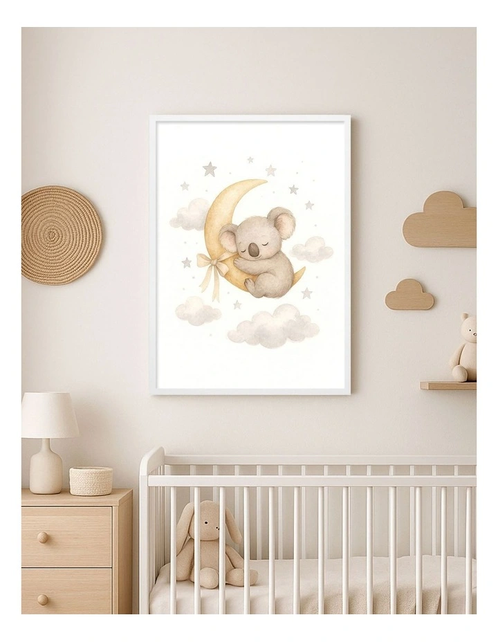 Australian Made Koala Sleeping Moon Kids Art Print White Frame image 2