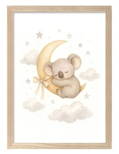 Australian Made Koala Sleeping Moon Kids Art Print Natural Frame
