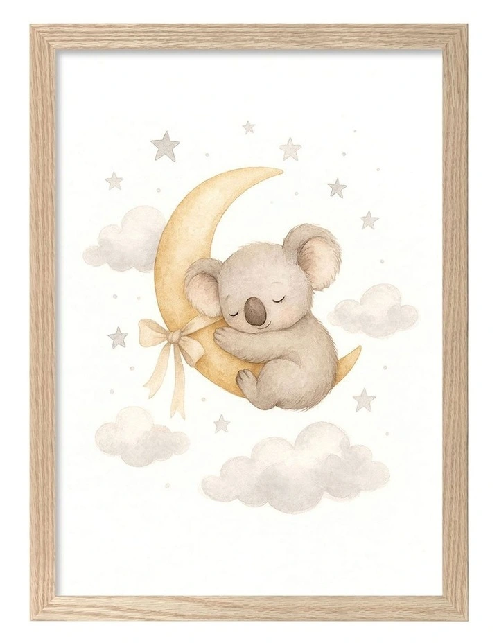 Australian Made Koala Sleeping Moon Kids Art Print Natural Frame image 1