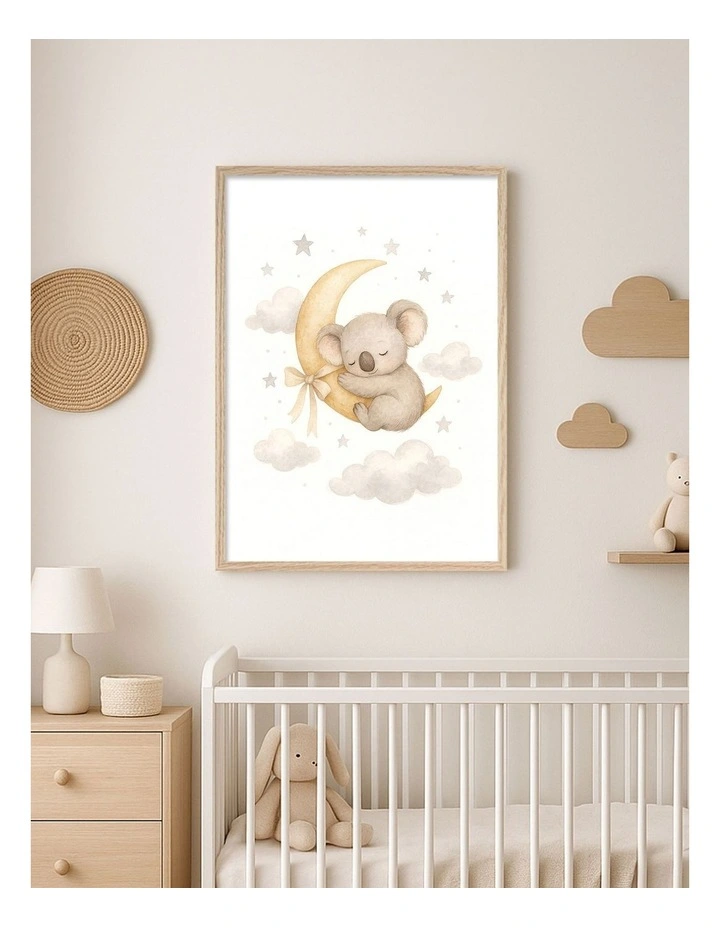 Australian Made Koala Sleeping Moon Kids Art Print Natural Frame image 2