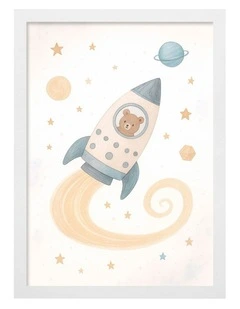 Australian Made Rocket Teddy Kids Art Print White Frame